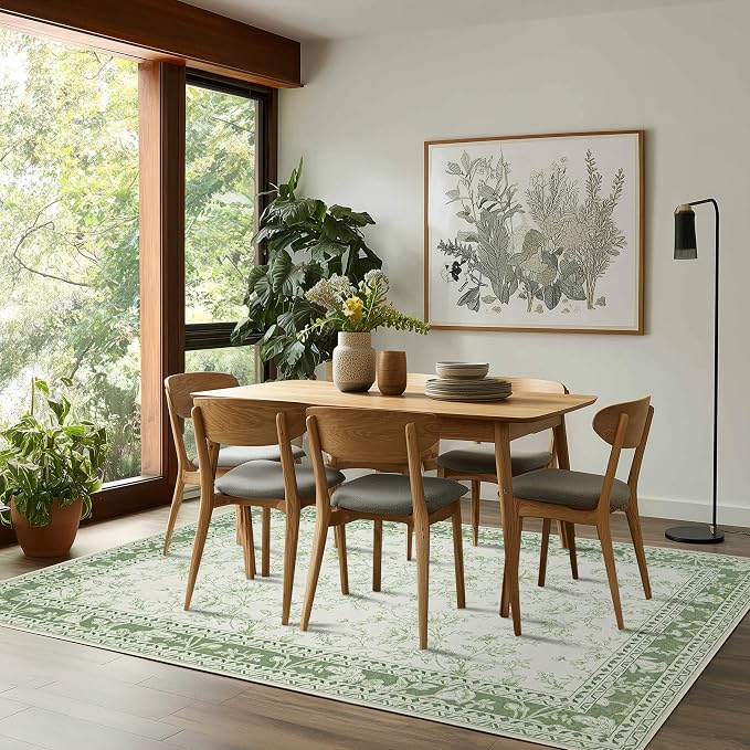 Green Area Rugs 6x9 Living Room Washable Boho Vintage Sketch Floral Sage Cream - Image 5