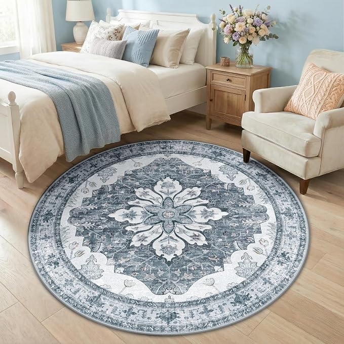 RELEANY Area Rugs Round 5ft Washable Non-Slip, Floral Vintage Distress by RELEANY