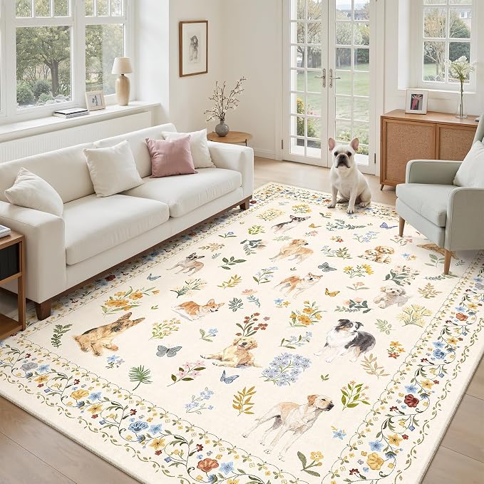 Soalmost Dog 6x9 Area Rugs for Living Room, Machine Washable Animal Floral by Soalmost