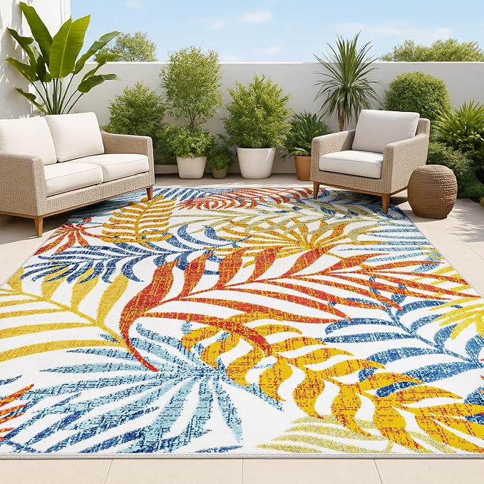 JONATHAN Y Tropics Palm Leaves Indoor Outdoor Area Rug 8X10 Cream/Orange by JONATHANY