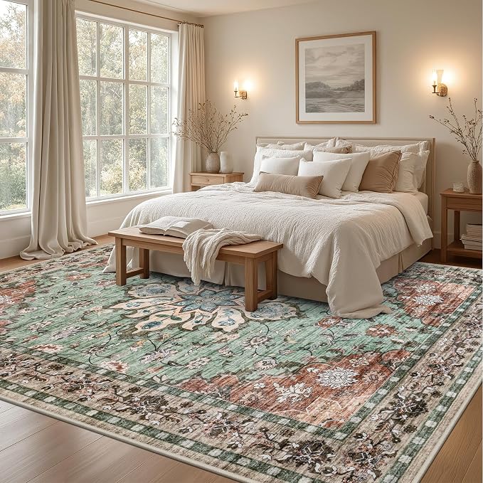Area Rugs 10x14 Living Room Rug: Washable Rug Soft Vintage Distressed Floral - Image 3