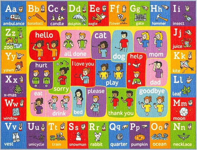 KC Cubs 8x10 ABC Alphabet ASL Sign Language Rug – Educational Non-Slip Carpet by KCCubsKidsHomeandFurnishing