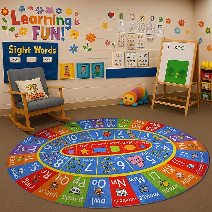 KC Cubs Multi Color Letter Print Power-Loomed ABC Alphabet, Numbers and Shapes by KCCubsKidsHomeandFurnishing