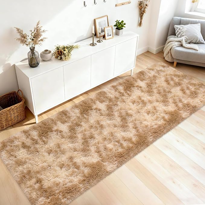 3x10 ft Plush Tie Dyed Light Brown Rug Soft Bedroom Runner Fluffy Cream and - Image 9
