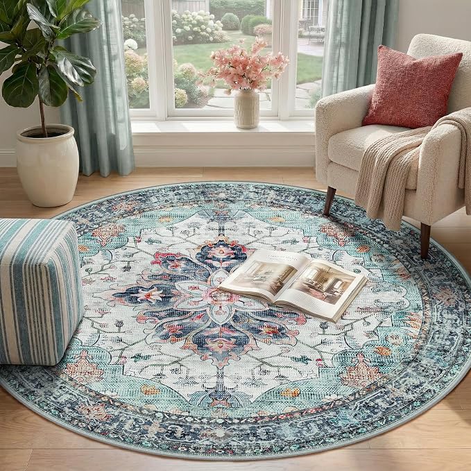 RELEANY Area Rugs Round 4ft Washable Non-Slip, Floral Vintage Distress - Image 2