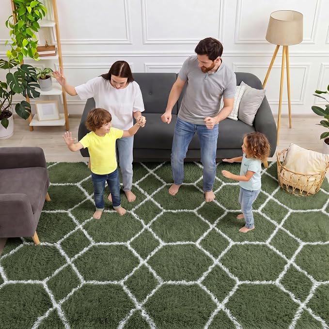 ONASAR 5x7 Area Rugs for Living Room Bedroom, Fluffy Olive Green and White - Image 3