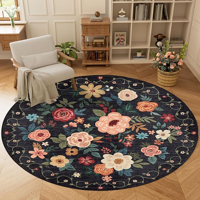 DUKINO Floral Round Rug, 6ft Washable Circle Rug, Non Slip Indoor Low Pile by DUKINO