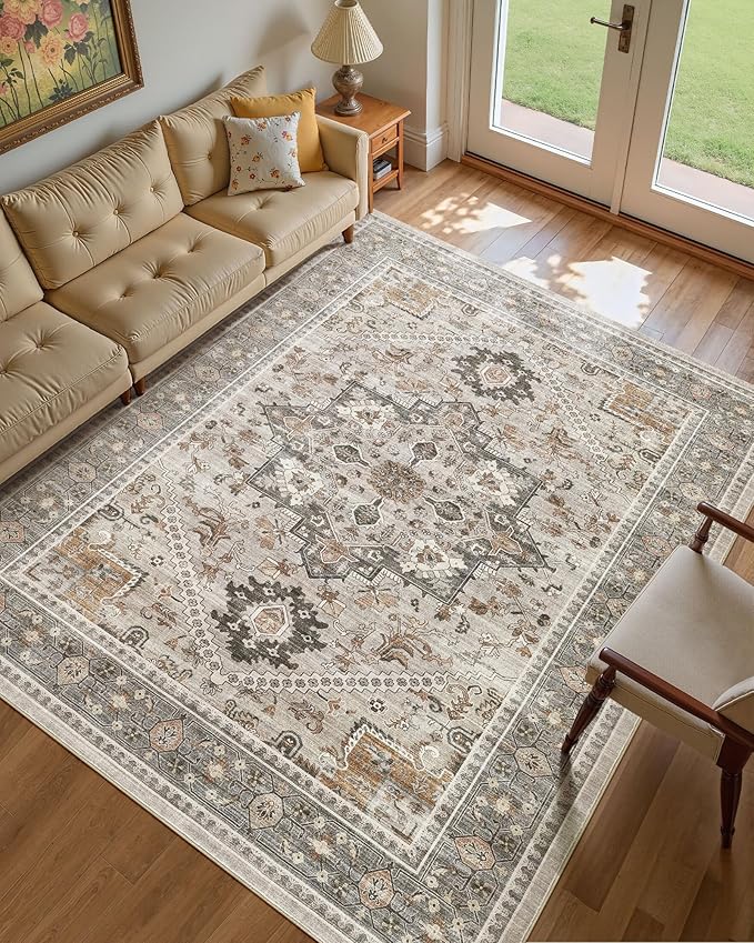 10x14 Vintage Area Rug: Washable Neutral Soft Non Slip Thin Large Floor Carpet - Image 2