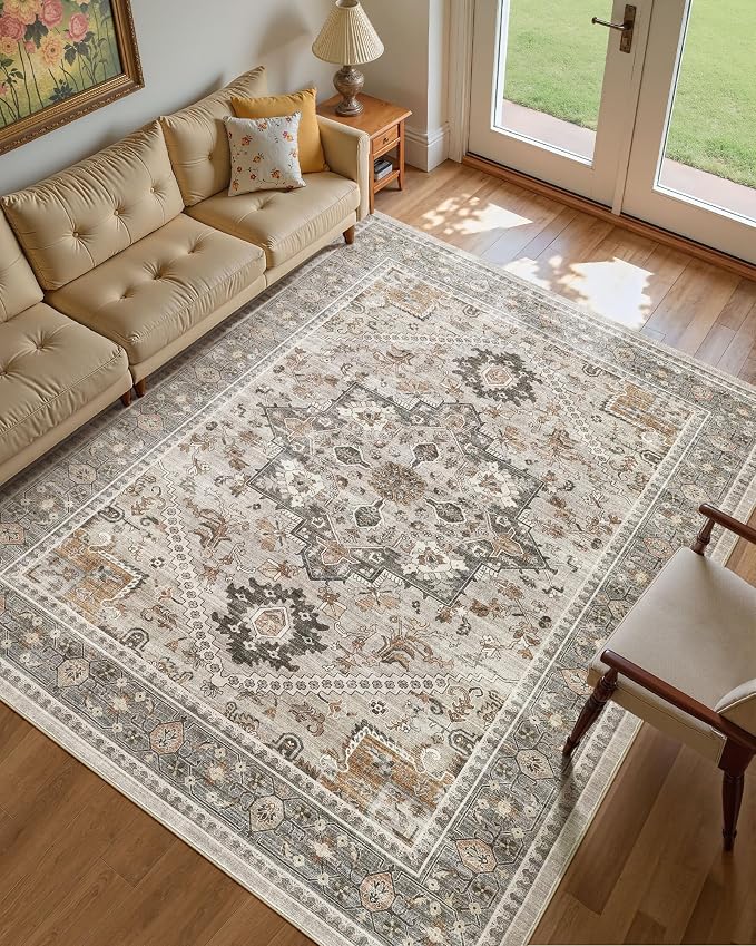 10x12 Vintage Area Rug: Washable Neutral Soft Non Slip Thin Large Floor Carpet - Image 2