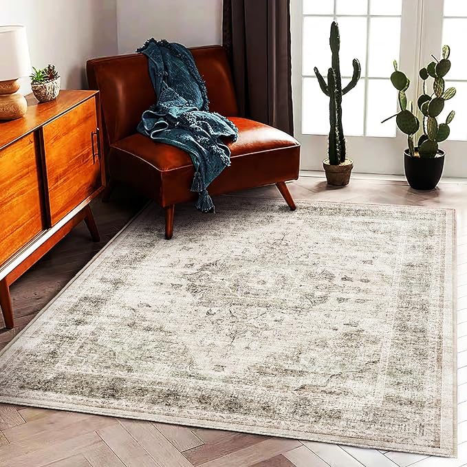 CHAMPLANT Area Rug 5'x7' Washable Rug Floral Khaki Traditional Floor Cover Thin - Image 2