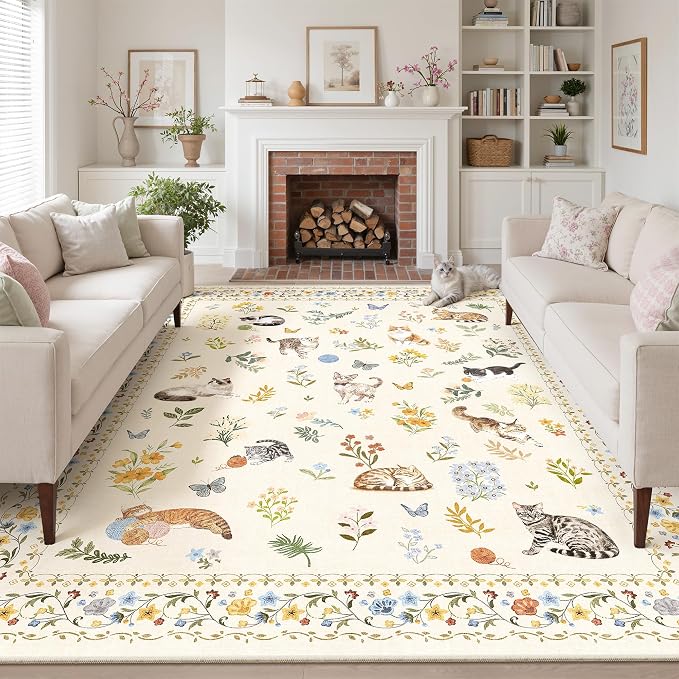 Soalmost Cat 8x10 Area Rugs for Living Room, Machine Washable Animal Floral by Soalmost