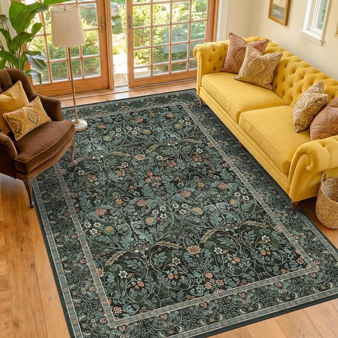 Dark Green 5x8 Dining Room Rug, Floral Washable Soft Non Slip Area Rugs - Image 8