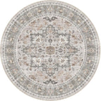 8ft Round Area Rug: Washable Vintage Neutral Soft Non Slip Thin Large Floor - Image 9