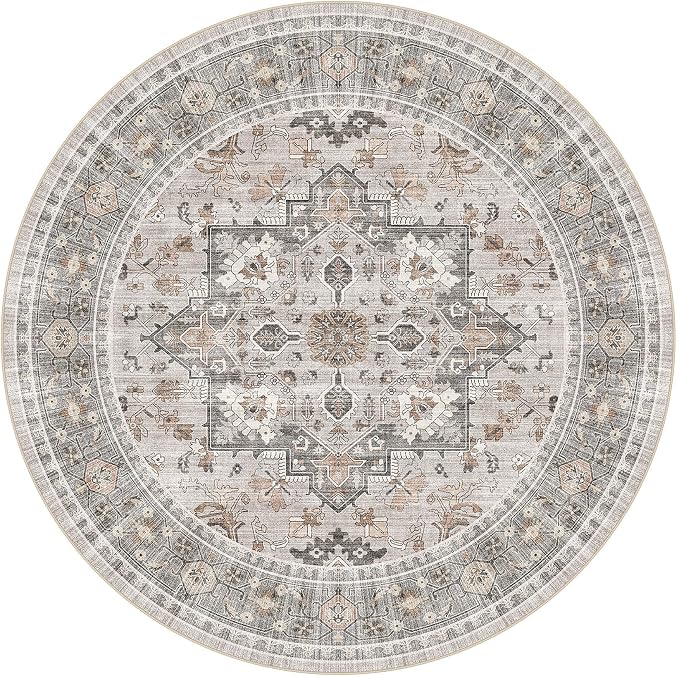 8ft Round Area Rug: Washable Vintage Neutral Soft Non Slip Thin Large Floor - Image 9