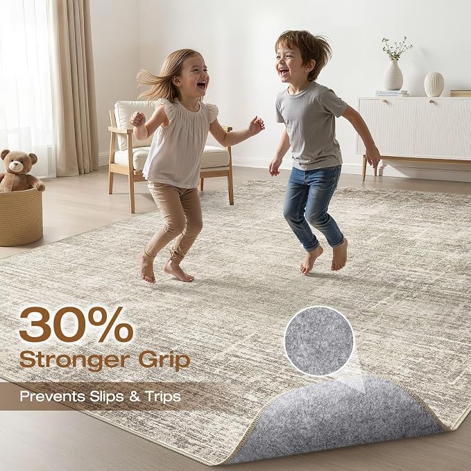 8x10 Area Rugs Living Room: Washable Large Neutral Brown Rug Abstract Soft - Image 3