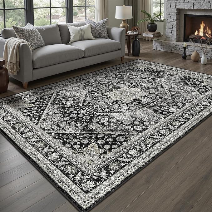 DCX Machine Washable Black Area Rug 4x6, Non Slip Stain Resistant Vintage by DCXWashableRug