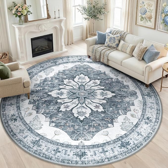 RELEANY Area Rugs Round 8ft Washable Non-Slip, Floral Vintage Distress by RELEANY