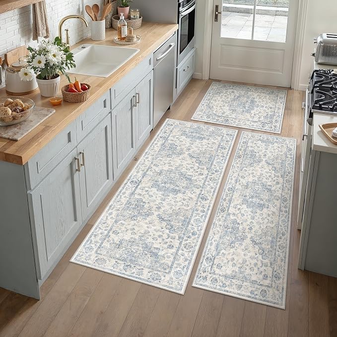 Neutral Kitchen Rug Set of 3 Washable Blue Vintage Kitchen Mats by WondRg