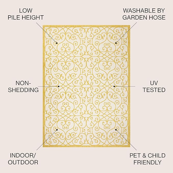 JONATHAN Y Vintage Filigree Indoor Outdoor Area Rug 4X6 Cream/Yellow, Madrid - Image 3