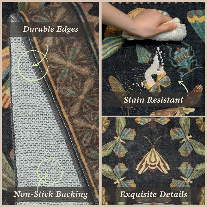 JTJ Insect Botanical Kitchen Rug Set 3 Piece, Vintage Whimsical Runner Rugs - Image 3