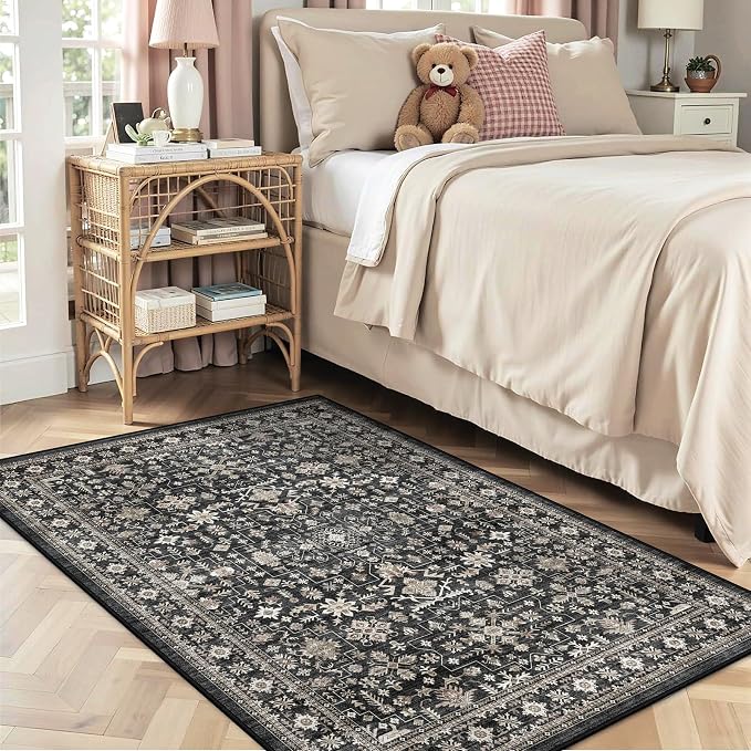 Washable 4x6 Entryway Rug Dark Grey, Non-Slip Low Pile Geometric Area Rug - Image 2
