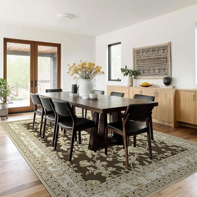 Extra Large Browm Area Rug for Living Room 10x14, Floral Dining Room Rugs for - Image 9