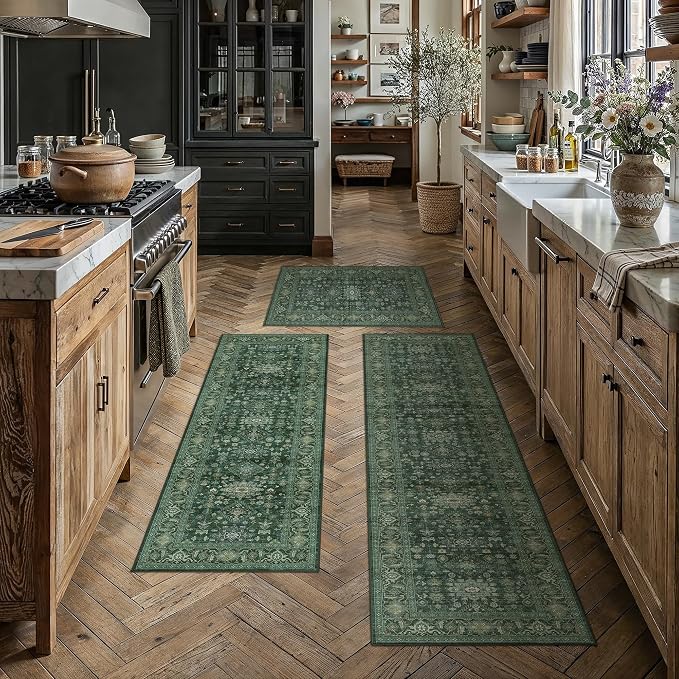 Kitchen Rug Set of 3 Washable Green Vintage Kitchen Mats by WondRg