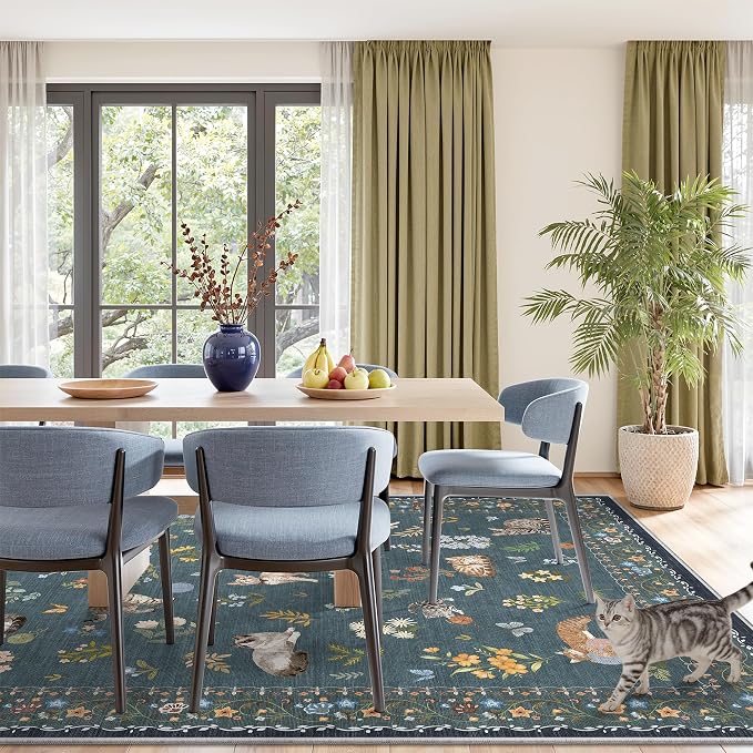 Soalmost Cat 8x10 Area Rugs for Living Room, Machine Washable Animal Floral - Image 3
