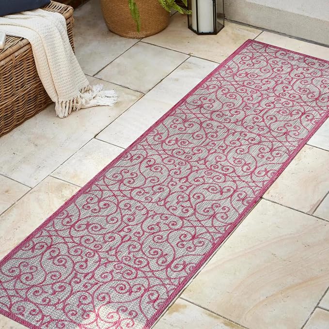 JONATHAN Y Vintage Filigree Indoor Outdoor Runner Rug 2X8 Light Gray/Fuchsia - Image 3