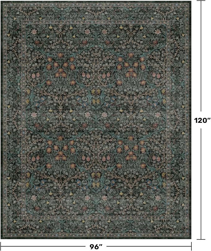 Vintage Dark Green Living Room Rug, 8x10 Washable Area Rugs - Image 2