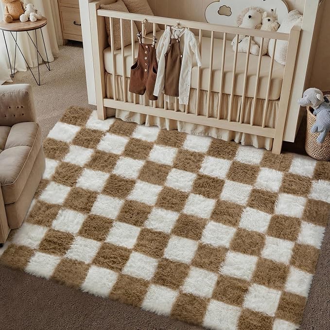 PureCozy 3x5 Area Rugs for Kids Room Brown Soft Shag Checkered Rug Modern by PureCozy