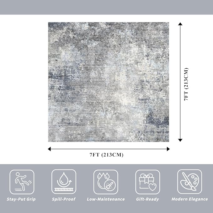 7x7 Square Rug Machine Washable – Modern Neutral Abstract Non-Slip Area Rug - Image 2