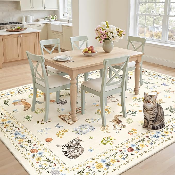 Soalmost Cat 6x9 Area Rugs for Living Room, Machine Washable Animal Floral - Image 2