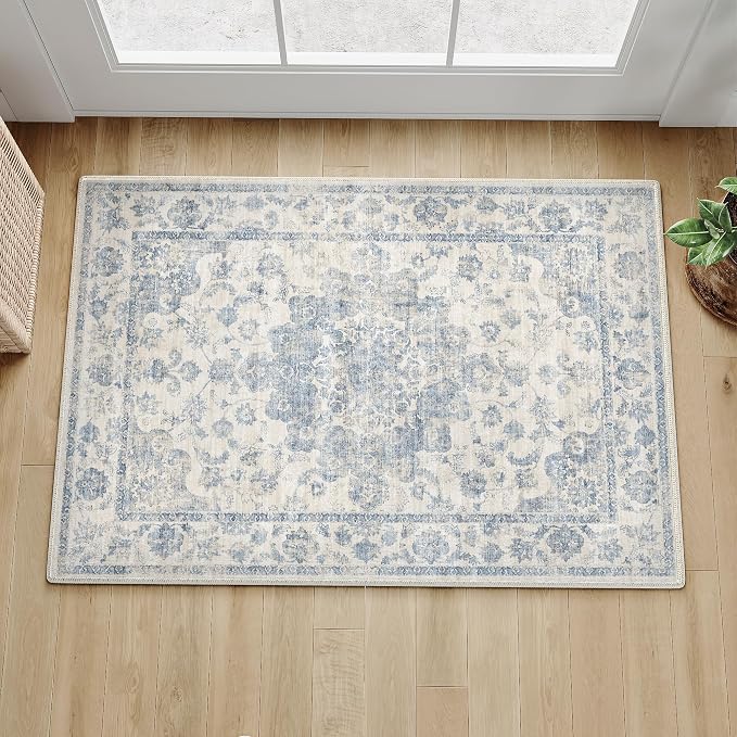 2x3 Washable Neutral Area Rug Blue Vintage Entryway Kitchen Carpet Non-Slip - Image 2
