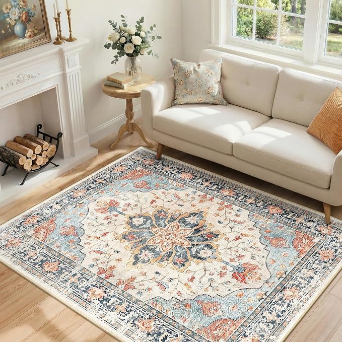 RELEANY Area Rugs 4'x6' Washable Non-Slip, Floral Vintage Distress Medallion by RELEANY