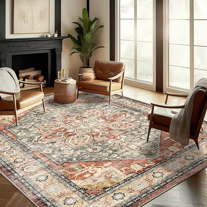 CHAMPLANT Washable Area Rug 9'x12' Red Khaki Retro Flowers Boho Design by CHAMPLANT