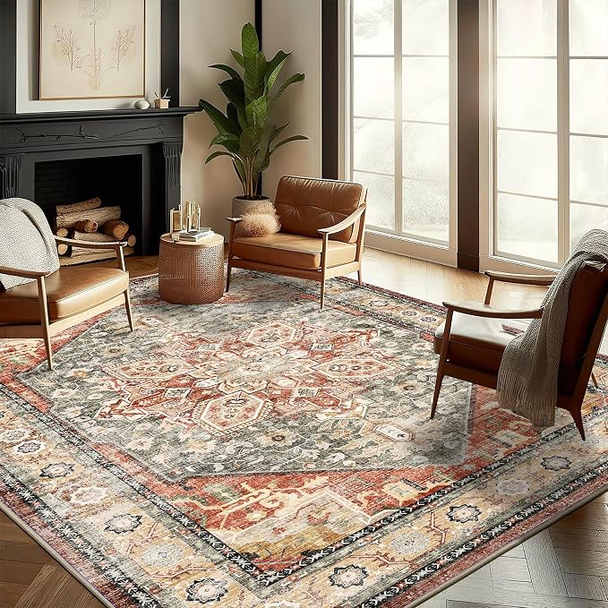 CHAMPLANT Washable Area Rug 8'x10' Red Khaki Retro Boho Design Non-Shedding by CHAMPLANT
