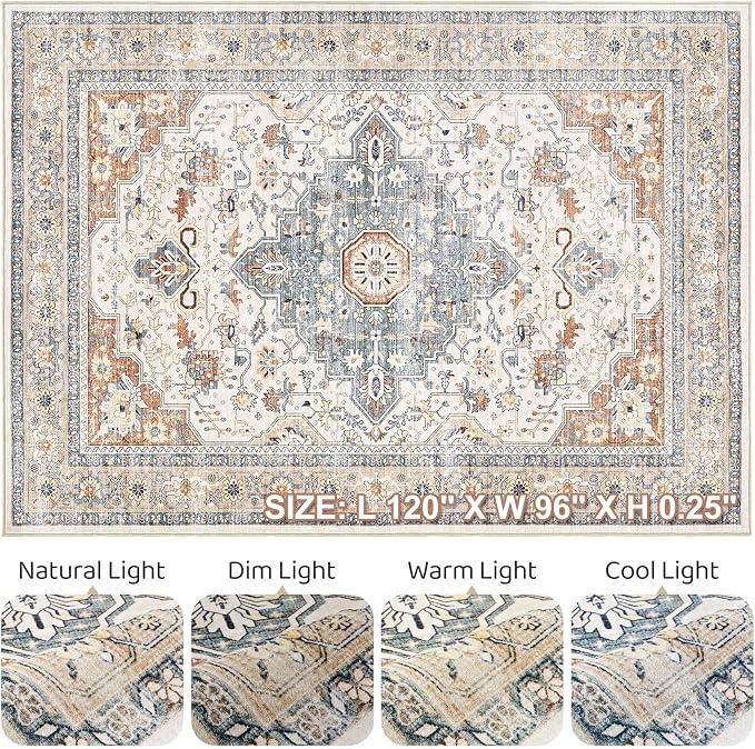 8x10 Area Rugs Living Room: Washable Boho Large Neutral Vintage Soft Rug Stain - Image 9