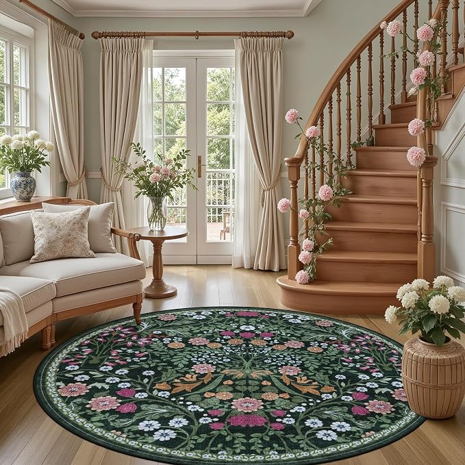 Round Area Rug for Living Room: 6 ft Floral Washable Circle Rug Soft Boho - Image 2