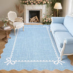 GarveeHome Scalloped Bow Rug for Living Room, Solid Blue Rug for Dorm, Washable by GarveeHome