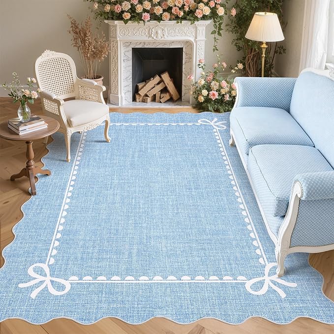 GarveeHome Scalloped Bow Rug for Living Room, Solid Blue Rug for Dorm, Washable by GarveeHome
