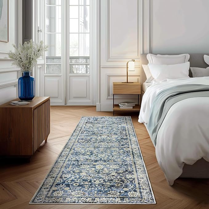 Blue 2x6 Runner Rug for Hallway Low Pile Kitchen Rugs Non Slip Washable Vintage - Image 5
