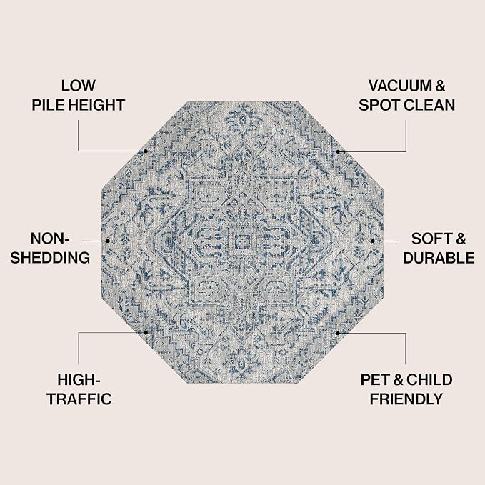 JONATHAN Y Boho Medallion Indoor Outdoor Octagon Area Rug 8 Ft Navy/Gray - Image 2