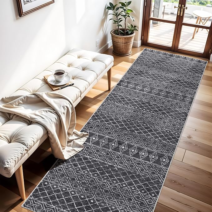 Black Moroccan 2x8 Hallway Runner Rug | Washable Non Slip Mat, Soft Stain - Image 3