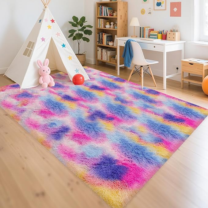 Dark Rainbow Rug for Kids Room 6x9 Cute Fluffy Kids Area Rugs for Bedroom Girls - Image 8