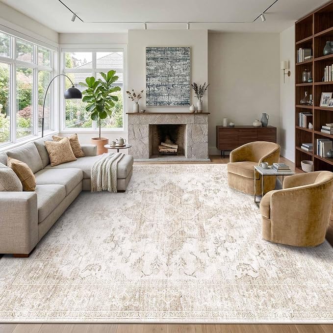 Rugxara 10x14 Extra Large Washable Area Rug, Soft Neutral Vintage Boho Rug by Rugxara