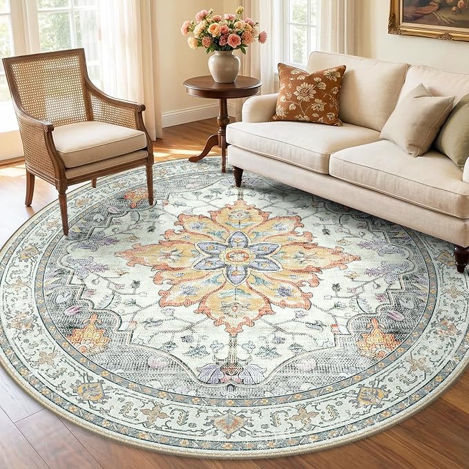 RELEANY Area Rugs Round 6ft Washable Non-Slip, Floral Vintage Distress by RELEANY