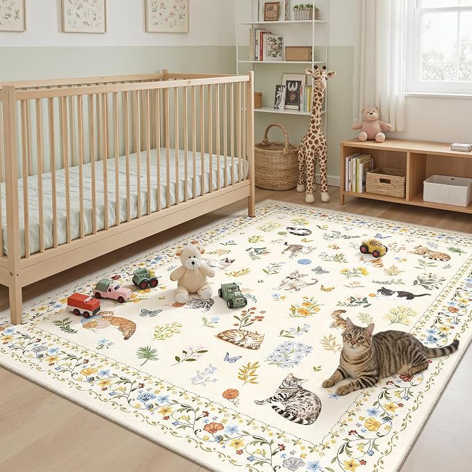 Soalmost Cat 6x9 Area Rugs for Living Room, Machine Washable Animal Floral - Image 4