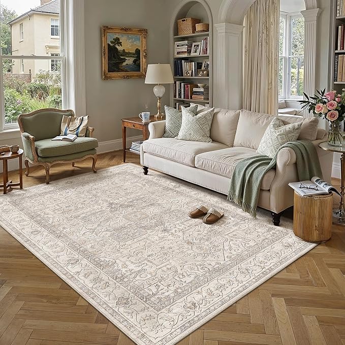6x9 Washable Vintage Area Rug Beige Oriental Living Room Bedroom Throw Rug by WondRg