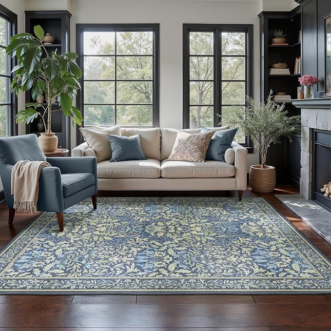 GENIMO 5x7 Washable Area Rug, Non-Slip Vintage Boho Floral Carpet, Soft - Image 3